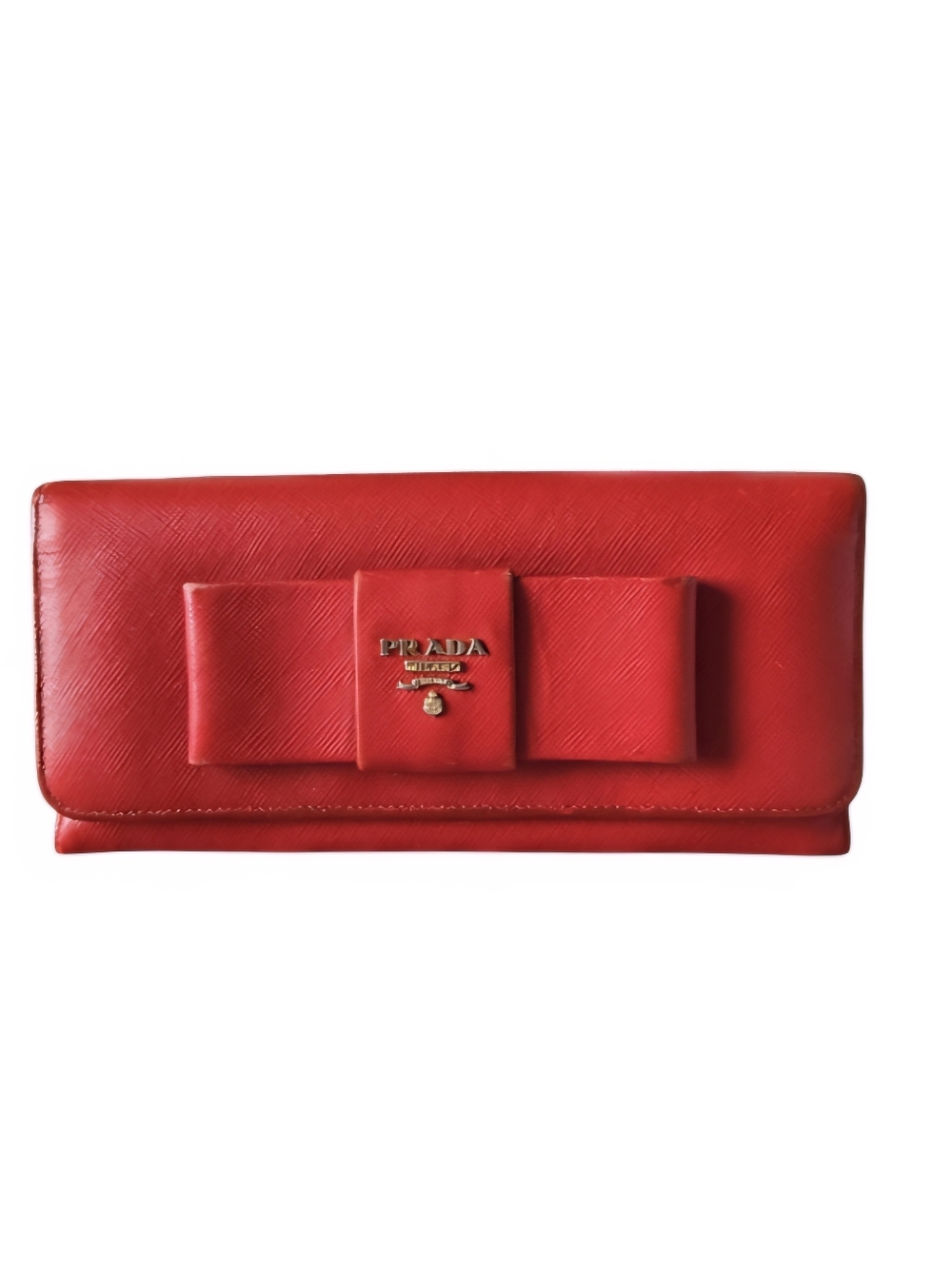 Prada Red Saffiano Bow Clutch Wallet COA Included